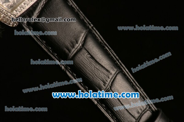 Franck Muller Cintree Curvex Ronda 762 Quartz Steel/Diamond Case with Diamond Dial and Black Leather Strap - Click Image to Close